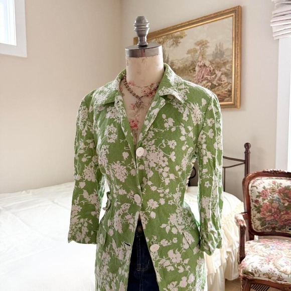 Long green floral coat  green floral duster Ann Taylor Loft size 12 - Picture 2 of 7
